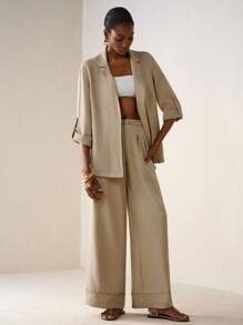 Zivah 2025秋冬新款学院风学生装日常街头基础百搭休闲度假街头风纹理面料皱布西装外套长款上衣和裤子阔腿裤带口袋腰带装饰长裤两件套杏色亚麻西装 - 杏色 - 查看 4