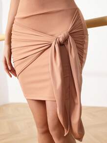 Menodora SHEIN Sport Váy khiêu vũ Latin màu trơn có viền thắt nút cổ cho nữ - màu nâu - Xem 7