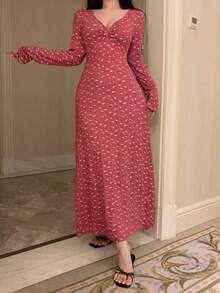 DAZY Long Ditsy Floral V-Neck Ruched Design Nightgown, Fall Pajama, Winter - Dusty Pink - View 6