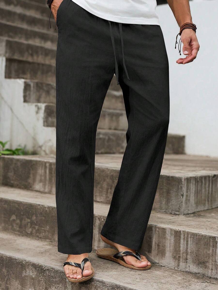 VENTUSAIL 男士纯色抽绳腰口袋休闲亚麻长裤男黑色亚麻裤男宽松裤子男抽绳裤男休闲裤男裤秋季 - 黑色 - 查看 1