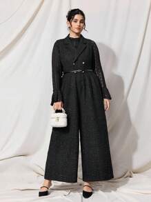SHEIN MOD Bộ đồ liền thân ống rộng bằng vải tuýt cổ điển màu đen thanh lịch cỡ lớn, bộ đồ liền thân kiểu áo vest cổ bẻ bằng vải tuýt dành cho nữ, phù hợp để đi làm, đi làm, mặc thường ngày và những dịp trang trọng, quý cô duyên dáng - màu đen - Xem 6