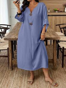 Breezaya Plus Size Casual Metal Decor Roll-Up Sleeve Dress For Holiday BASICS - Navy Blue - View 5