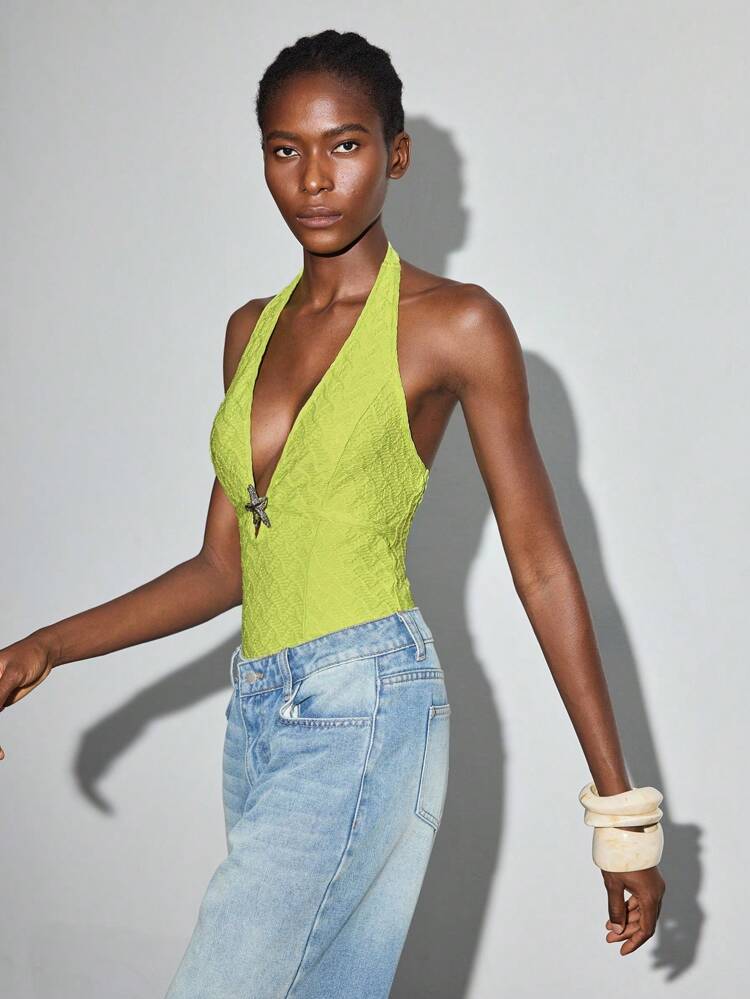 SHEIN Maija Women's Sexy Starfish Backless Halter Neck Bodysuit For Summer One Piece Bathing Suit Beachwear One Piece Green One Piece Swimsuit One Piece Swimsuit With Starfish Lime Green Swimsuit Halter One Piece Swimsuit, Fall Women Clothes