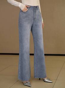 MOTF PREMIUM RHINESTONE DETAIL FLARE LEG JEANS - Blue - View 6