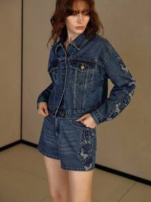 MOTF PREMIUM EMBROIDERY RHINESTONE DETAIL DENIM JACKET - Blue - View 4