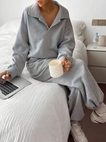 Livesso Set de 2 piese pentru femei, casual, culoare solidă, cu rever, mânecă lungă, top și pantaloni lejeri, treninguri, set de lenjerie pentru femei - Gri - Vizualizare 5