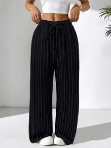 SHEIN EZwear Women's Casual Black Linen Striped Loose For Holiday Women Striped Wide Leg Pants - Black - View 3