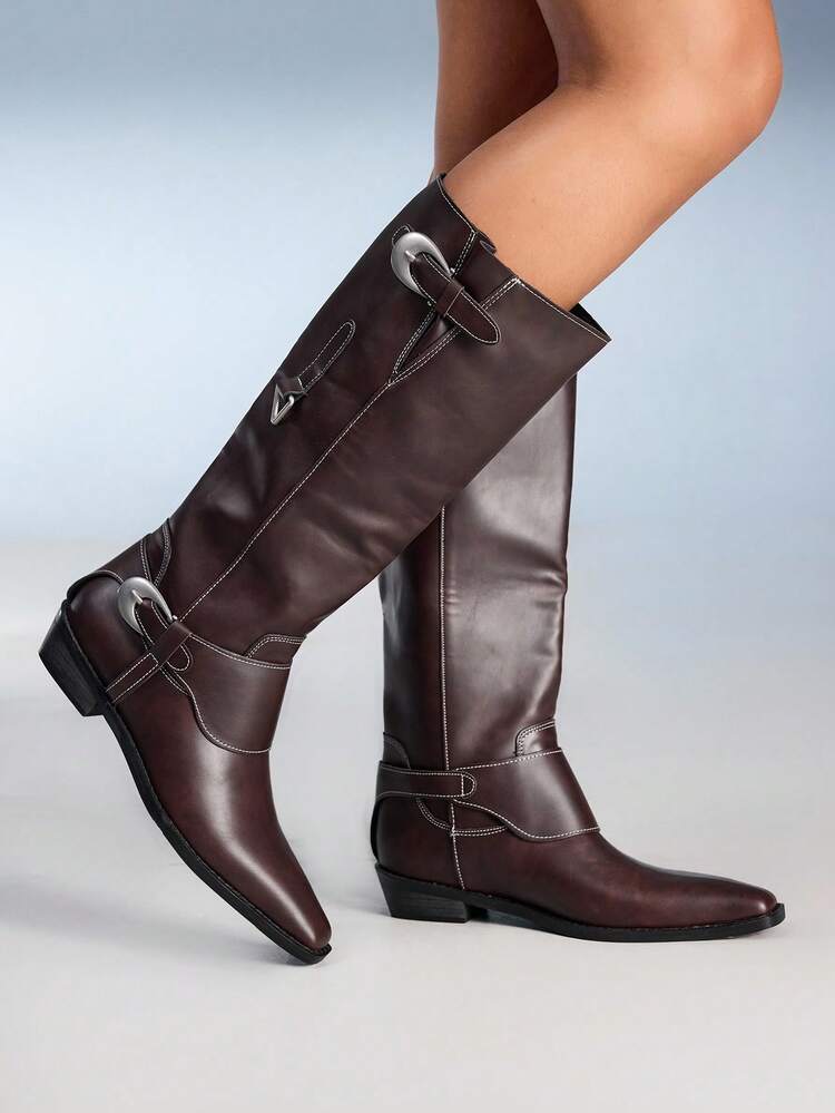 CUCCOO GRLICON Women's Bronze Slip-On Pointed Toe Vintage Chunky Heel Mid-Calf Cowboy Boots, Suitable For Halloween, Christmas, Autumn/Winter Core