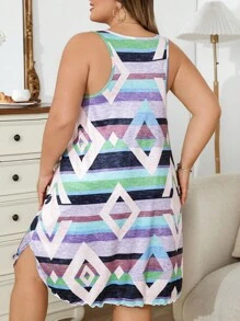 Camisón de talla grande para mujer con estampado de bloques de color y rayas geométricas para el verano y la playa, sin mangas