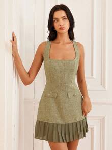 GENKIRA French Retro Elegant Slimming Square Neck Waisted Mini Dress, Pockets, Ruffle Hem, Luxury Chiffon, Women - Green - View 1