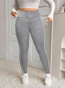 SHEIN EZwear Plus Size Women Striped High Waist Casual Leggings