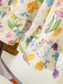 SHEIN Girls Elegant Floral Print Round Collar Flutter Sleeve Hollow Back Bow Decor Waist Ruffle Hem Casual Fashionable Dress, Suitable For Vacation/Travel In Summer Girls Floral Bow Dress Yellow Floral Girls Dress Girl Floral Dress Little Girl Floral Dress Girls Bow Dress Summer Holiday - Yellow - View 6