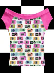 Y2Kool Warp Atelie Y2K Camera Colorblock Off Shoulder Fitted Short Sleeve T-Shirt For Women Suitable For Summer Vacation Party Daily Wear Camera Print Top 90s Top Rave Top 2000s Top Off The Shoulder Top SXY Back To School Cute Top Camera Print Shirt Pink Off The Shoulder Top Vintage Camera Shirt Colorful Camera Top - Multicolor - View 4