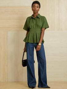 Aveloria Modichic 橄榄绿色纹理亚麻面料褶腰休闲通勤百搭简约设计女式衬衫