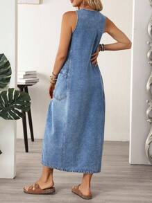 EMERY ROSE 女式休闲水洗无袖牛仔连衣裙 - 藍色 - 查看 2