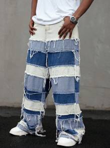 Manfinity Roghcode 哥特式长款蓝色牛仔阔腿牛仔裤，拉链设计，层次感十足，emo 风格 - 藍色 - 查看 4