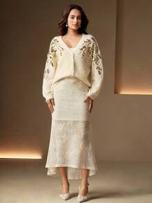 Anewsta 女士刺绣亮片灯笼袖针织开衫，秋冬 - 杏色 - 查看 5