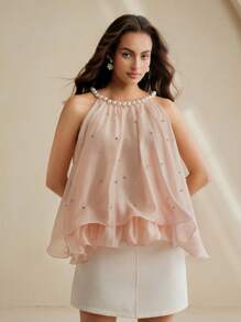 Anewsta Elaire Fashionable Elegant Chic Fresh Rhinestone & Pearl Decor Sleeveless Women Tank Top - Pink - View 6