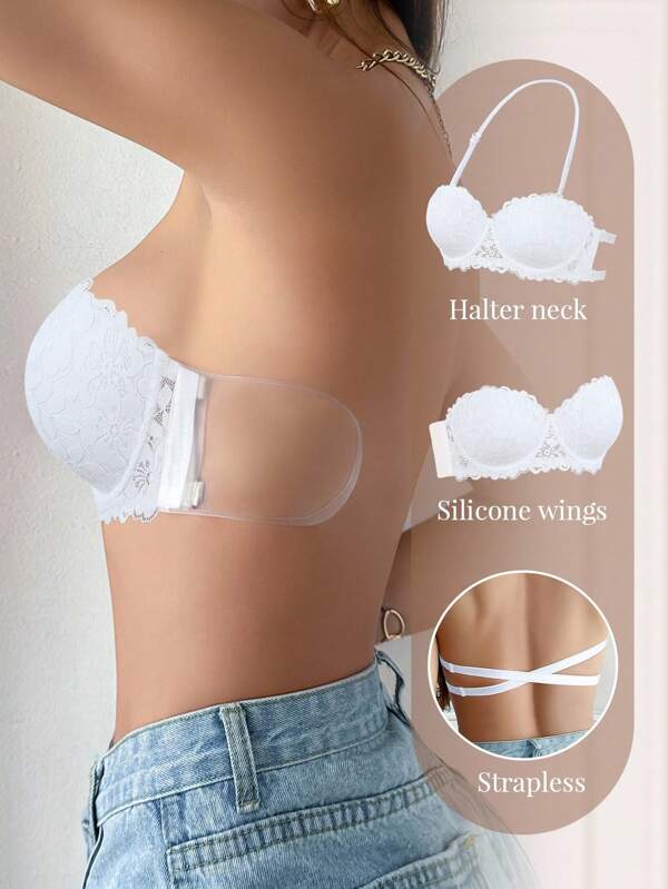 DesireSculpt 1pc Lace Back Plunge Lingerie Bra With Wire, Underwire Plunge Lingerie Bra For Small Bust, Push Up Invisible Backless Lingerie Bralette, Tube Top