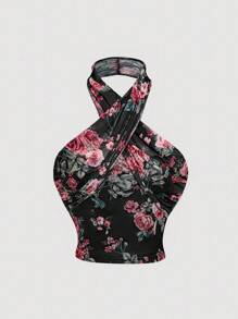 SHEIN MOD 女士性感花卉印花露背露脐上衣，夏季 - 彩色 - 查看 1