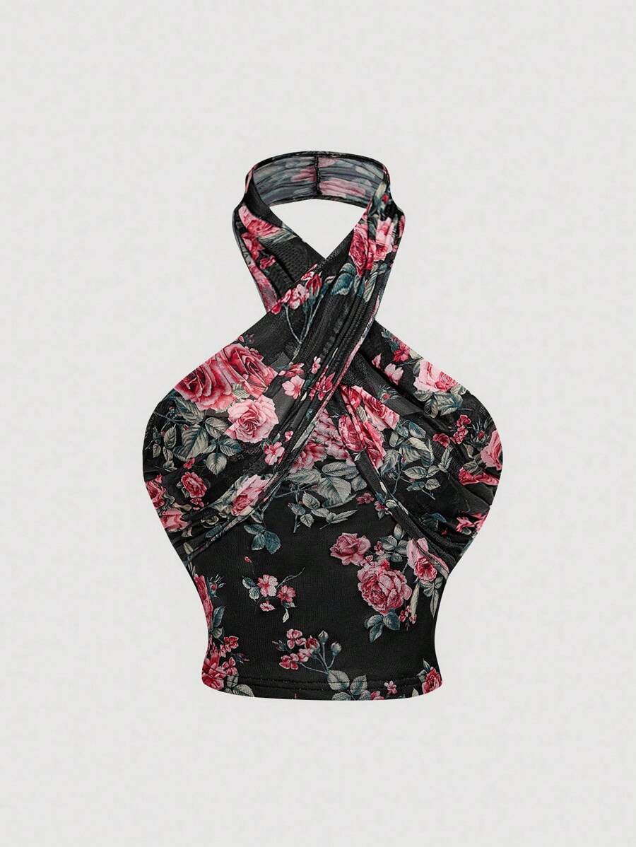 SHEIN MOD 女士性感花卉印花露背露脐上衣，夏季 - 彩色 - 查看 1