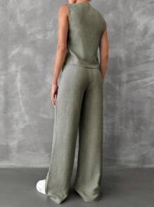 SHEIN Conjunto De Chaleco Y Pantalones Largos De Color Sólido - Verde Oliva - Ver 2