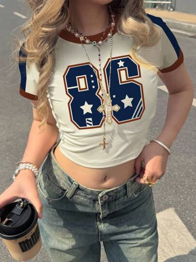 Rovax Camiseta corta de verano ajustada con estampado numérico y bloques de color para mujer