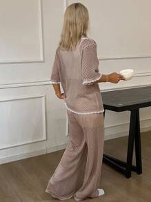 DAZY 2pcs Women Contrast Color Lace Splice Loose Fit Short Sleeve Pajama Set - Beige - View 2