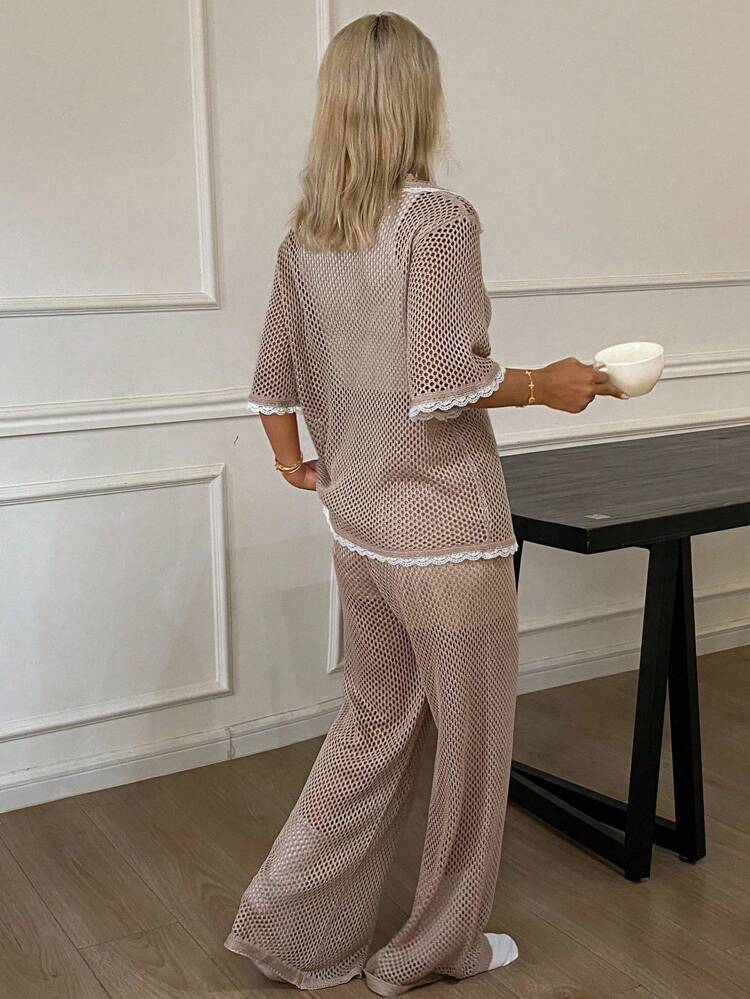 2pcs Women Contrast Color Lace Splice Loose Fit Short Sleeve Pajama Set