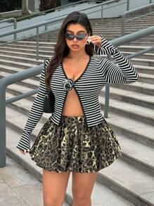 SHEIN ICON Plus Size Women Leopard Print Elastic Waist Ruched Denim Mini Skirt - Multicolor - View 4