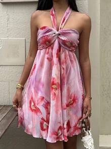 SHEIN EZwear Damen Urlaub Blume Muster Neckholder Chic Minikleid Rosa Blumen Sommerkleid Rosa Sommerkleid Sommer Sommerkleid Neckholder Sommerkleid