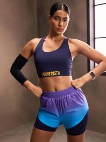 Powerista Ensemble de sport pour femmes avec imprimé lettres, couleurs contrastées et dos croisé pour l'été. Tenue de sport pour femmes. - Bleu azur - Voir 6