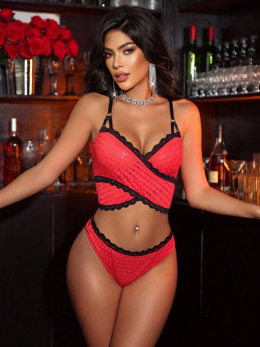 SHEIN Bộ 2 món đồ lót ren gợi cảm không gọng cho nữ, đi chơi - Đỏ - Xem 1