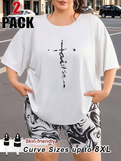 SHEIN CURVE+ 大码圆领字母“Y”印花短袖上衣和全身印花短裤两件套 Outfit Faith