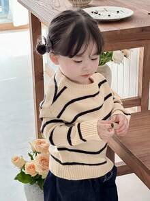 DAZY 女婴休闲条纹落肩毛衣，日常穿着 - 米色 - 查看 7