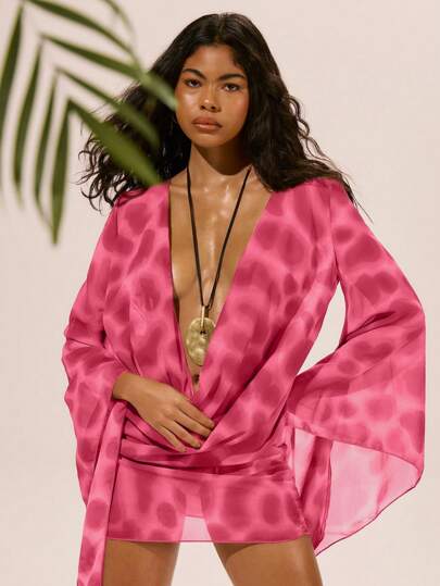 Musera Resort 雪纺网眼长袖深 V 领迷你连衣裙罩衫春夏伊比沙岛装扮，假日，可爱，浪漫，节日，度假沙滩装，海滩