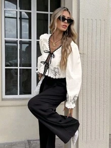 Serisse Women's Vacation Casual Colorblock Woven Strap Floral Embroidered Lace-Up Shirt, Fall Women Clothes,Back To School,Country Concert Outfit , Business Casual Woman, Teacher Outfits For Women,Date Night Outfits Women ,Birthday Outfit ,Brunch Outfits For Women,Western Women Wear ,Business Casual Woman