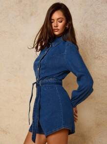 COSMINA 女式长袖腰带牛仔连体衣，复古款，秋季女装秋冬，商务休闲女装，Y2k 女装，西部女装 - 藍色 - 查看 6