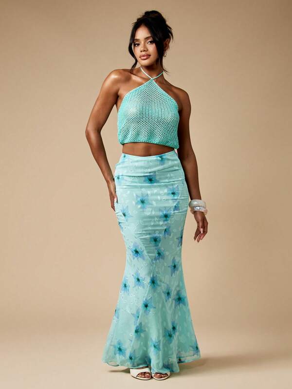 MISSGUIDED Saia longa floral burnout elegante para noite primavera verão resort usar ocasião especial comprimento longo sobreposição estilo sereia cintura alta