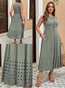 EMERY ROSE 大码纯色镂空口袋圆领无袖夏季连衣裙 - 軍綠色 - 查看 1