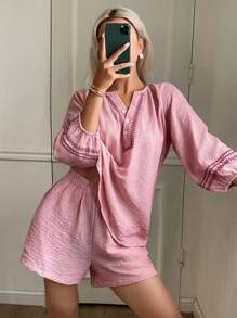 DAZY Floral Embroidery Print Linen Pajamas Set For Women, Fall Clothes - Pink - View 4
