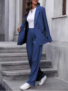 EMERY ROSE 女士纯色翻领长袖夹克和裤子休闲套装女士西装外套套装女士办公室服装套装女士西装