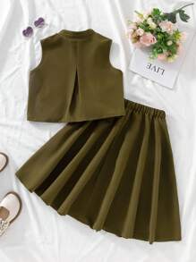 Tween Girls' Summer Casual Solid Color Tank Top & Mini Skirt Set - Olive Green - View 2