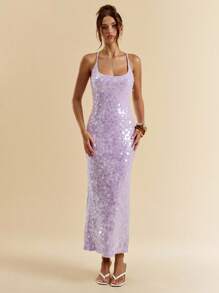 SHEIN BAE Summer Sexy Gorgeous Mint Green Sequins Boho Beach Vacationconcert Outfit Women Halter Neck Summer Dress,Summer Outfits For Women,Club Outfits Women Sexy,Sparkle Vacation Dress, Party Dress,Fall Wedding Guest Dress