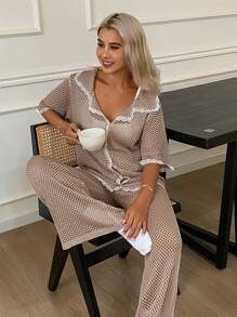 DAZY 2pcs Women Contrast Color Lace Splice Loose Fit Short Sleeve Pajama Set - Beige - View 3
