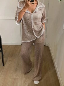 DAZY 2pcs Women Contrast Color Lace Splice Loose Fit Short Sleeve Pajama Set - Beige - View 7
