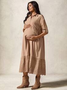 Boho Mama Locker sitzendes, lässiges Umstandskleid in Midi-Länge mit Unifarbe, einfach und bequem - Khaki - Übersicht 5