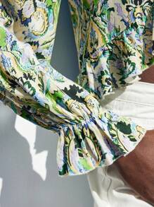 Maija Blusa de manga larga con estampado retro de tótem, con lazo delantero, ribete de volantes, top de estilo bohemio para mujeres - Multicolor - Ver 8