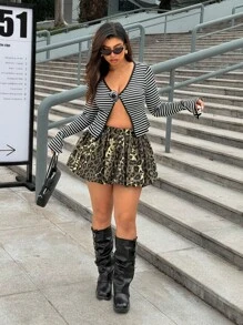 SHEIN ICON Plus Size Women Leopard Print Elastic Waist Ruched Denim Mini Skirt - Multicolor - View 3
