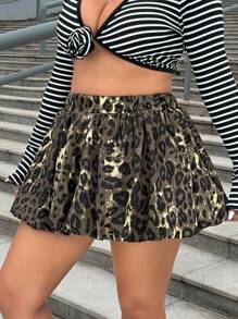 SHEIN ICON Plus Size Women Leopard Print Elastic Waist Ruched Denim Mini Skirt - Multicolor - View 5